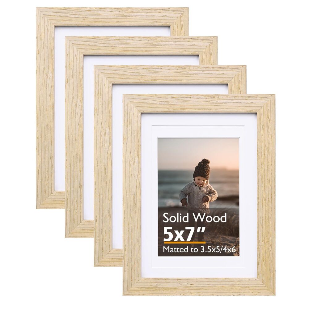 Set of 4, 5x7 Picture Frame Natural, Solid Wood Frames Tabletop and Wall Display